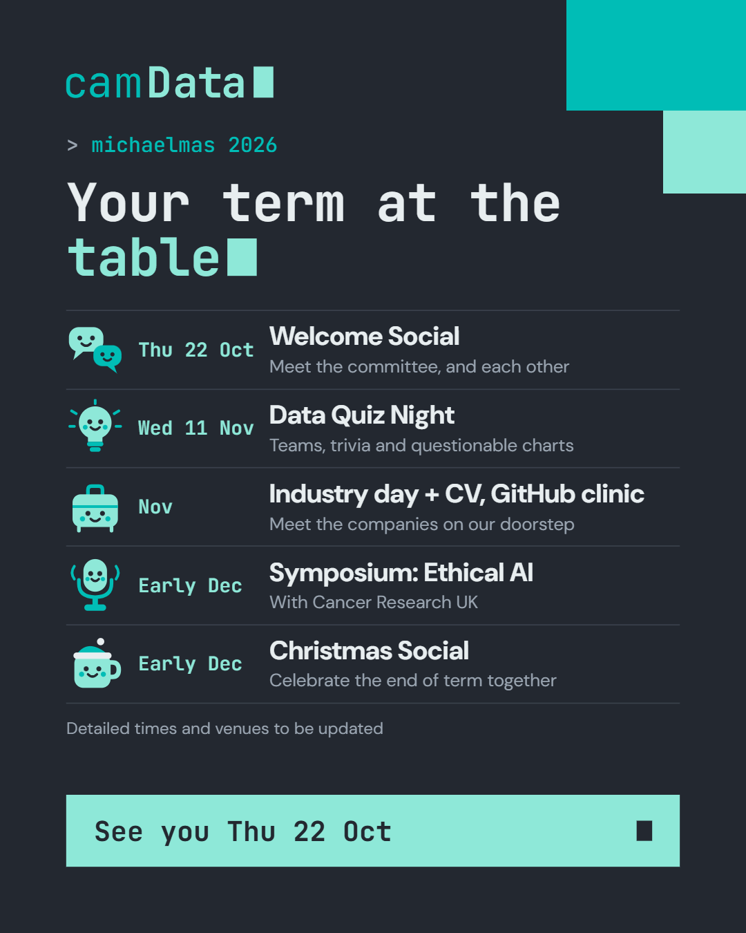 The camData Michaelmas 2026 term card, listing the five events above